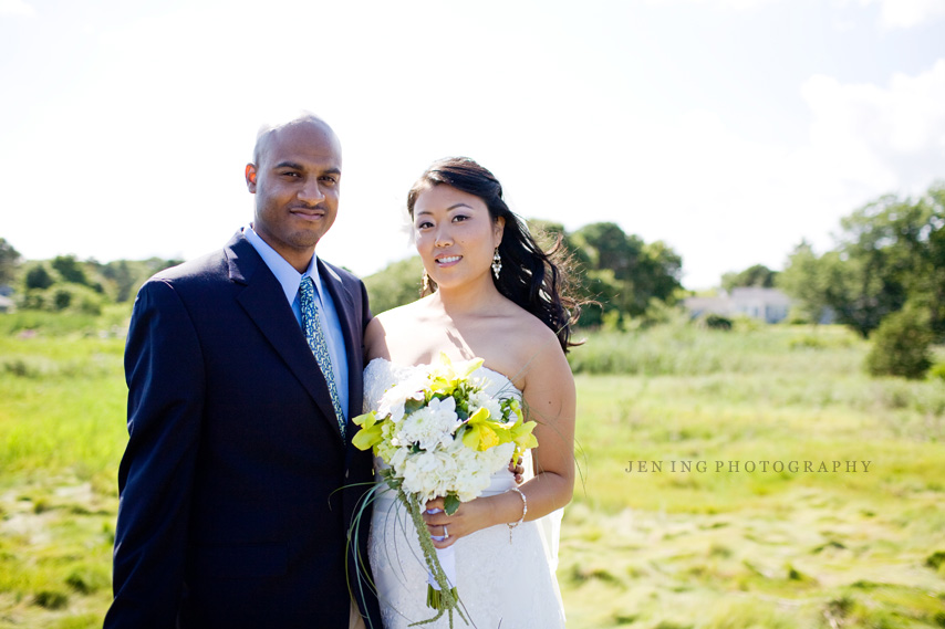 Cape Code wedding - Bride and groom portrait in field