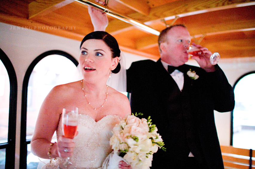 Boston wedding photography - bride and groom trolley