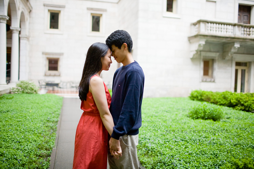 Engagement session in the Boston Public Library courtyard - couple along grass