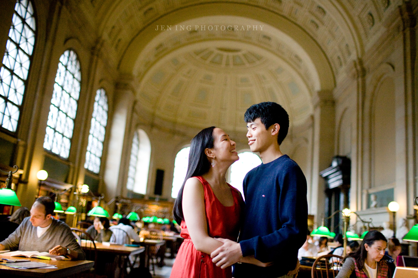 Library engagement session in Boston - couple in reading room