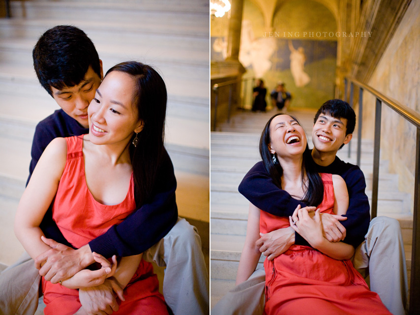 BPL engagement session in Boston, MA - couple on stairs