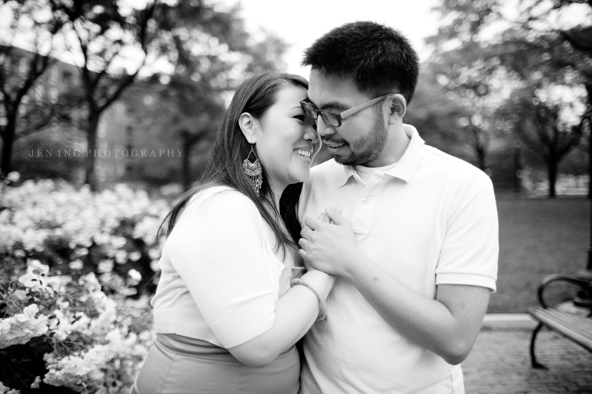 Christopher Columbus Park engagement session - couple in black and white