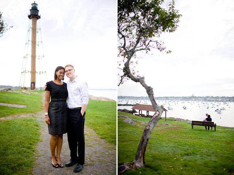 Light Tower Marblehead engagement session - couple along the water