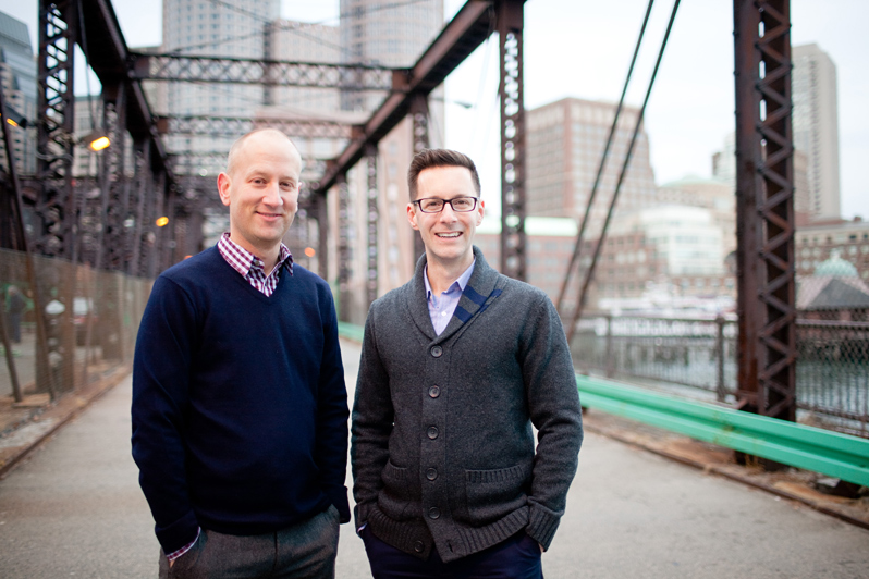 Same sex engagement session - couple on Moakley bridge