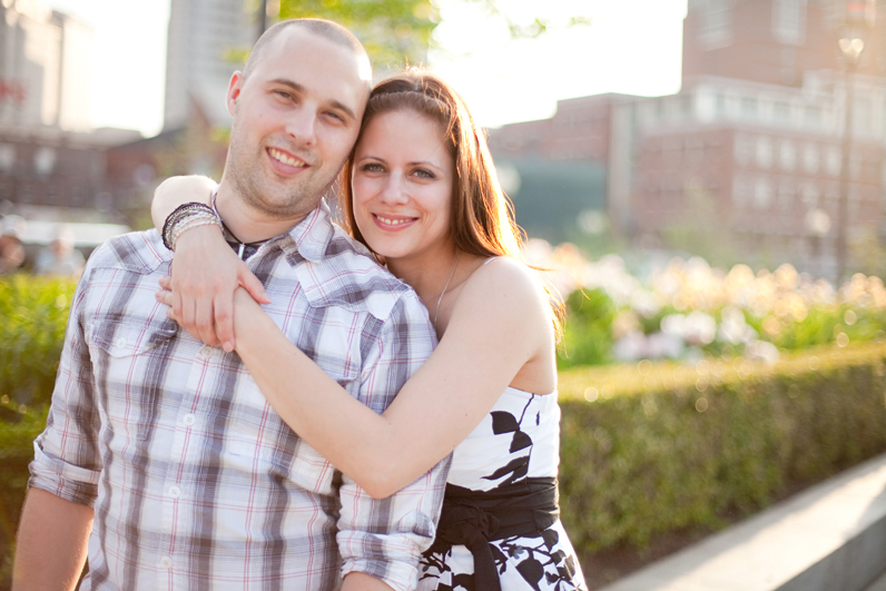 boston engagement session in the spring - couple smiling in the sun